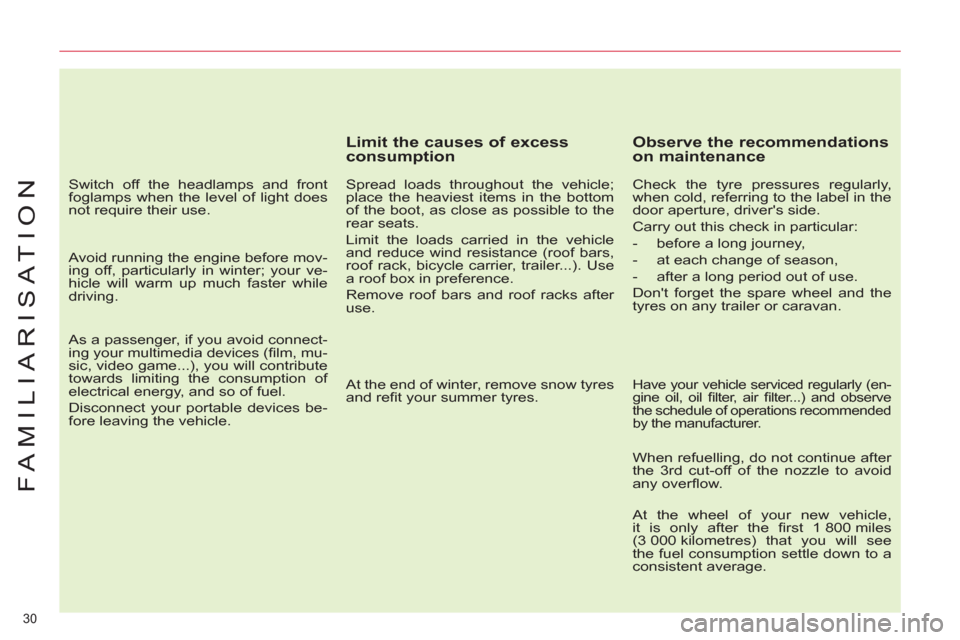 Citroen C4 PICASSO RHD 2012 1.G Owners Manual 30 
FAMILIARISATION
   
Limit the causes of excess 
consumption 
   
Spread loads throughout the vehicle; 
place the heaviest items in the bottom 
of the boot, as close as possible to the 
rear seats.