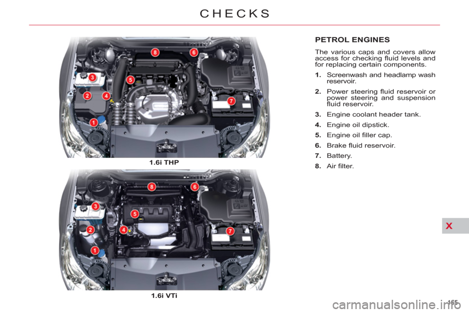 Citroen C5 2012 (RD/TD) / 2.G Owners Manual X
PETROL ENGINES
  The various caps and covers allow 
access for checking ﬂ uid levels and 
for replacing certain components. 
   
 
1. 
  Screenwash and headlamp wash 
reservoir. 
   
2. 
 Power st