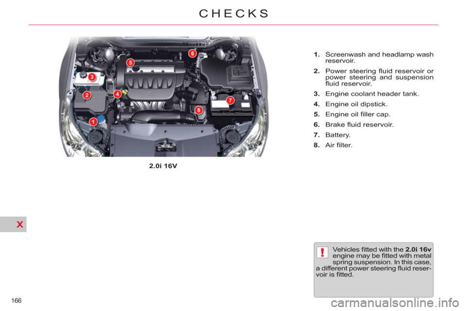 Citroen C5 2012 (RD/TD) / 2.G Owners Manual X
!
166 
CHECKS
  Vehicles ﬁ tted with the  2.0i 16v 
 
engine may be ﬁ tted with metal 
spring suspension. In this case, 
a different power steering ﬂ uid reser-
voir is ﬁ tted.     
2.0i 16V