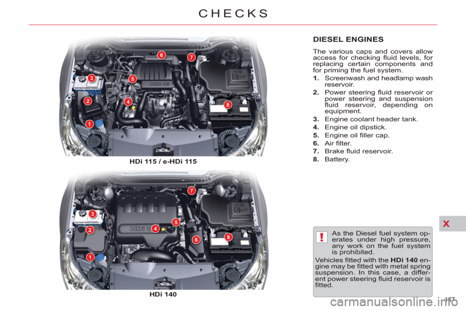 Citroen C5 2012 (RD/TD) / 2.G Owners Manual X
!
167 
CHECKS
DIESEL ENGINES 
  The various caps and covers allow 
access for checking ﬂ uid  levels,  for 
replacing certain components and 
for priming the fuel system. 
   
 
1. 
 
Screenwash a