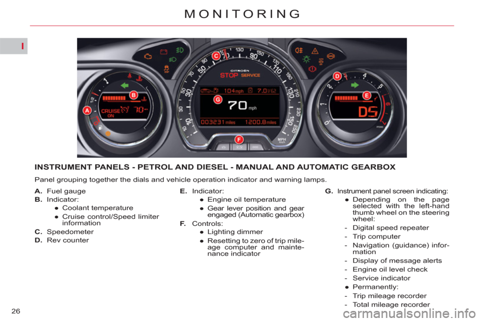 Citroen C5 2012 (RD/TD) / 2.G Owners Guide I
26
MONITORING
INSTRUMENT PANELS - PETROL AND DIESEL - MANUAL AND AUTOMATIC GEARBOX 
  Panel grouping together the dials and vehicle operation indicator and warning lamps. 
   
 
A. 
 Fuel gauge 
   