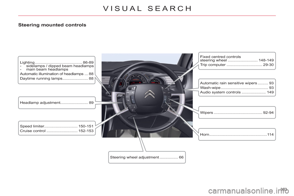 Citroen C5 2012 (RD/TD) / 2.G Owners Manual 303 
VISUAL SEARCH
   
Lighting ......................................... 86-89 
   
 
-   sidelamps / dipped beam headlamps 
   
-   main beam headlamps  
  Automatic illumination of headlamps ... 88