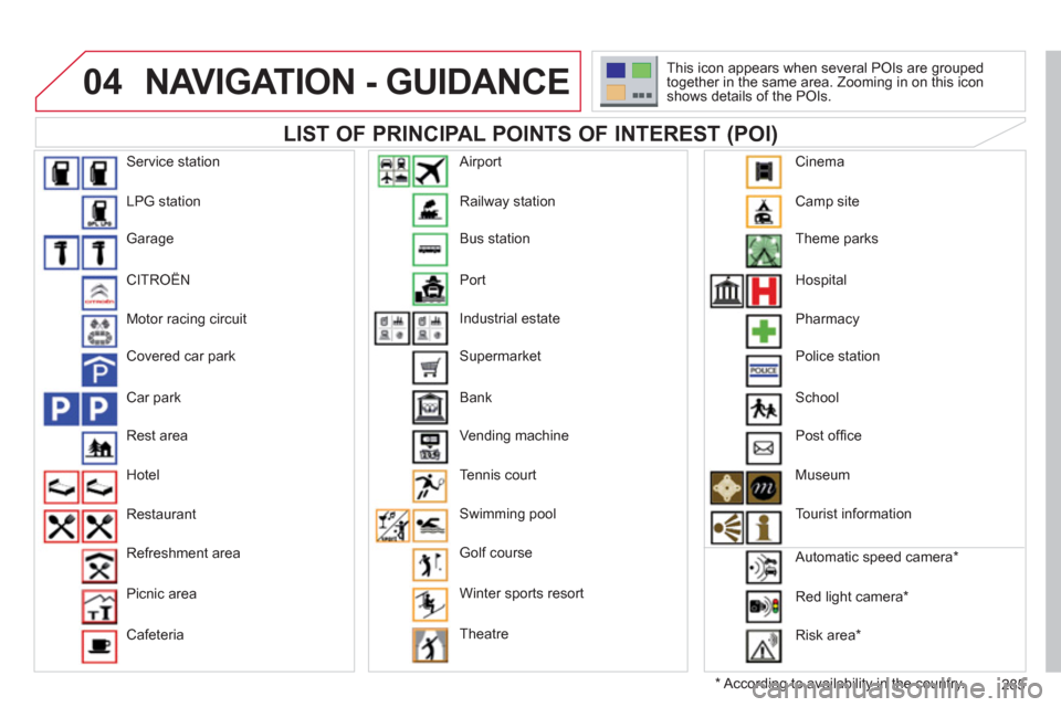 Citroen C5 RHD 2012 (RD/TD) / 2.G Owners Manual 04
285
NAVIGATION - GUIDANCE
LIST OF PRINCIPAL POINTS OF INTEREST (POI)
*
According to availability in the country. This icon appears when several POIs are grouped
together in the Citroen C5 RHD 2012 (RD/TD) / 2.G Owners Manual 04
285
NAVIGATION - GUIDANCE
LIST OF PRINCIPAL POINTS OF INTEREST (POI)
*
According to availability in the country. This icon appears when several POIs are grouped
together in the