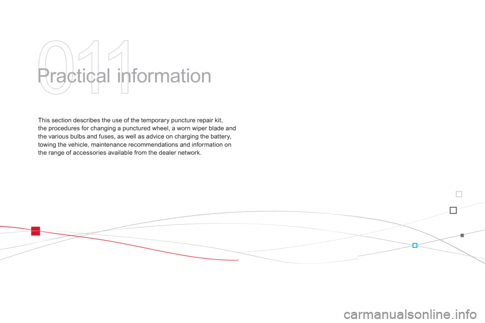 Citroen DS3 2012 1.G Owners Manual 011
  Practical information  
This section describes the use of the temporary puncture repair kit, 
the procedures for changing a punctured wheel, a worn wiper blade and 
the various bulbs and fuses, 