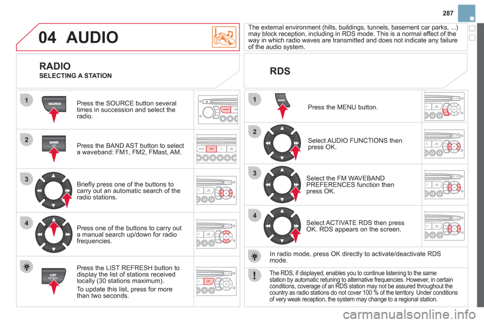 Citroen DS3 2012 1.G Owners Manual 287
04
1
2
3
4
1
2
3
4
SOURCE
BANDAST
LISTREFRESH
MENU
AUDIO
Press the SOURCE button several
times in succession and select theradio.
Press the BAND A
ST button to select
a waveband: FM1, Citroen DS3 2012 1.G Owners Manual 287
04
1
2
3
4
1
2
3
4
SOURCE
BANDAST
LISTREFRESH
MENU
AUDIO
Press the SOURCE button several
times in succession and select theradio.
Press the BAND A
ST button to select
a waveband: FM1,