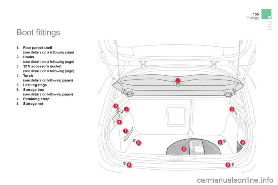 Citroen DS4 2012 1.G Owners Manual 155
Fittings
1.Rear parcel shelf
 (see details on a following page)2.Hooks
 (see details on a following page)
3.12 V accessory socket (see details on a following page)4.    Torch
 (see details on foll