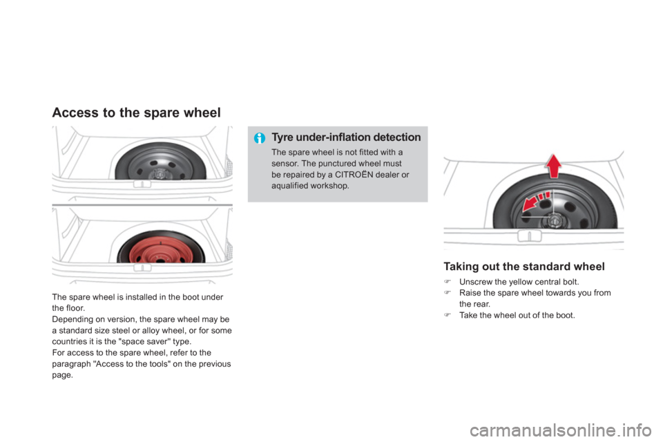 Citroen DS4 2012 1.G Owners Manual The spare wheel is installed in the boot under 
the floor.Depending on version, the spare wheel may bea standard size steel or alloy wheel, or for some countries it is the "space saver" type. 
For acc