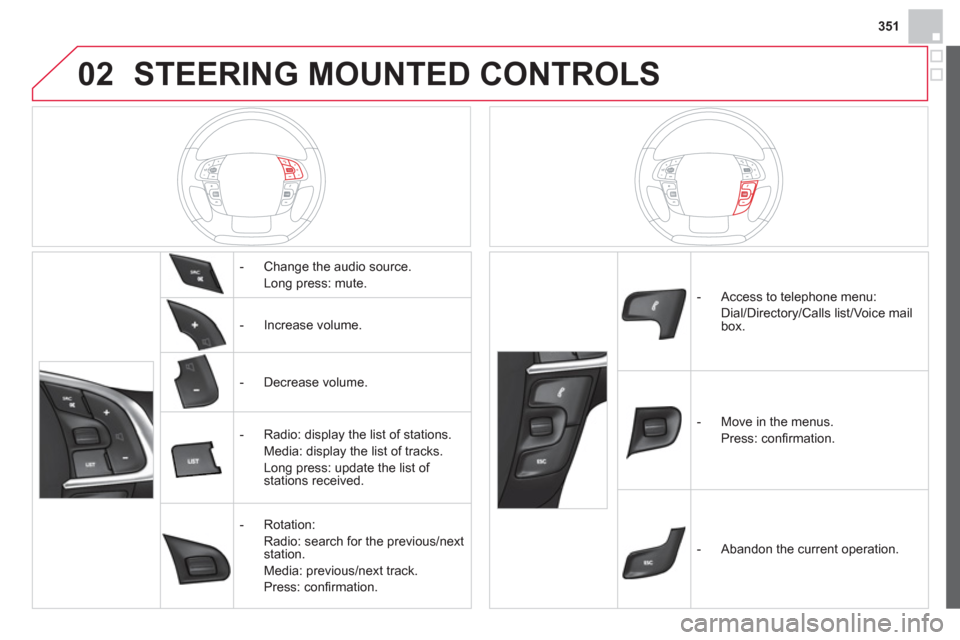 Citroen DS4 2012 1.G Service Manual 02
351
STEERING MOUNTED CONTROLS
- Change the audio source.
Lon
g press: mute.
- In
crease volume.
- D
ecrease volume.
- Radio: displa
y the list of stations.
Media Citroen DS4 2012 1.G Service Manual 02
351
STEERING MOUNTED CONTROLS
- Change the audio source.
Lon
g press: mute.
- In
crease volume.
- D
ecrease volume.
- Radio: displa
y the list of stations.
Media
