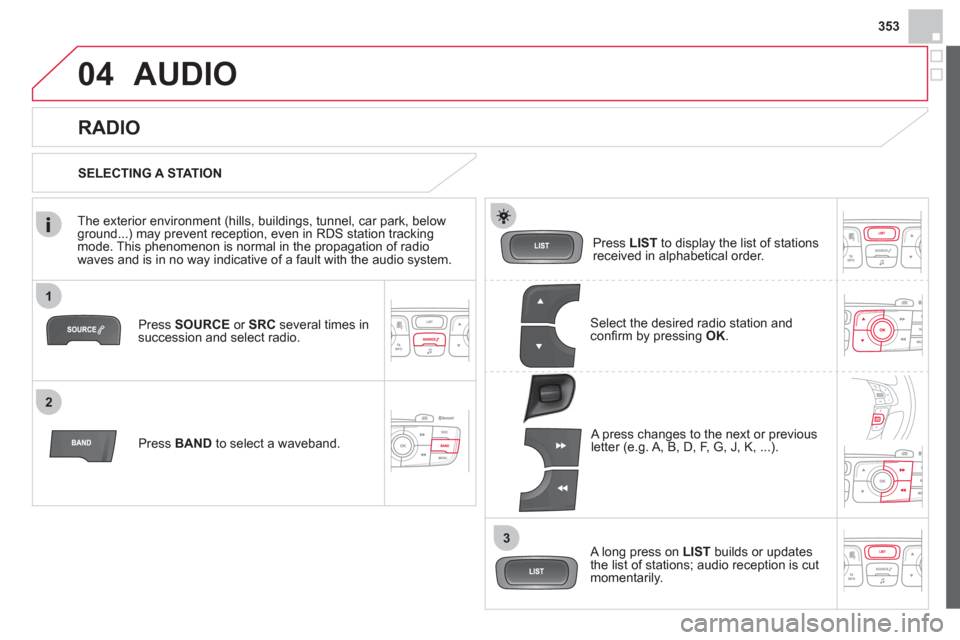 Citroen DS4 2012 1.G User Guide 353
1
2
3
04AUDIO 
Press  SOURCEor  SRCseveral times in succession and select radio.
Pr
ess  BAND   to select a waveband.  Pr
ess  LISTto display the list of stationsreceived in alphabetical order.  

