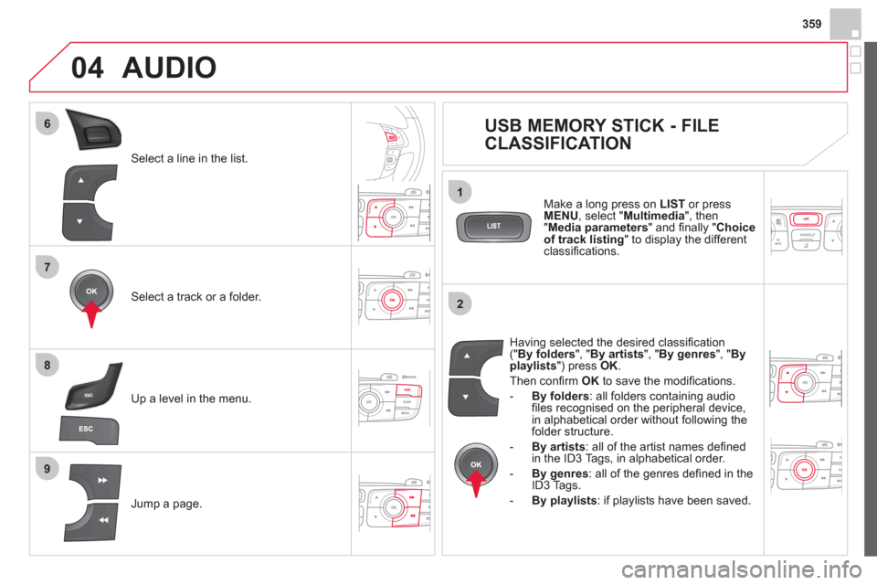 Citroen DS4 2012 1.G Owners Guide 359
7
6
8
9
2
1
04
Select a line in the list.
Select a track or a folder.
Jump a pa
ge. Up a level in the menu.
AUDIO
USB MEMORY STICK - FILE
CLASSIFICATION
Having selecte Citroen DS4 2012 1.G Owners Guide 359
7
6
8
9
2
1
04
Select a line in the list.
Select a track or a folder.
Jump a pa
ge. Up a level in the menu.
AUDIO
USB MEMORY STICK - FILE
CLASSIFICATION
Having selecte