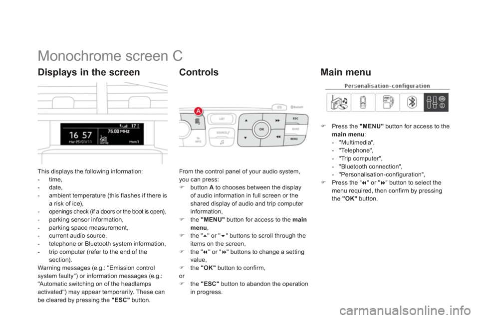 Citroen DS4 2012 1.G Owners Manual    
 
 
 
 
 
 
 
 
 
 
 
 
 
 
 
 
 
 
Monochrome screen C 
This displays the following information:
-  time,-  date, 
-  ambient temperature (this flashes if there isa risk of ice),-openings check (