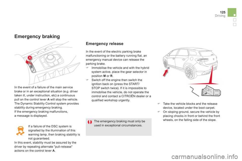 Citroen DS5 HYBRID4 2012 1.G Service Manual 125
Driving
   
Emergency braking
 
 
In the event of a failure of the main servicebrake or in an exceptional situation (e.g. driver 
taken ill, under instruction, etc) a continuouspull on the control