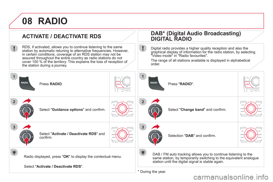 Citroen DS5 HYBRID4 2012 1.G Manual PDF 08
Press RADIO.
ACTIVATE / DEACTIVATE RDS
RDS, if activated, allows you to continue listening to the same station by automatic retuning to alternative frequencies. However,
in Citroen DS5 HYBRID4 2012 1.G Manual PDF 08
Press RADIO.
ACTIVATE / DEACTIVATE RDS
RDS, if activated, allows you to continue listening to the same station by automatic retuning to alternative frequencies. However,
in