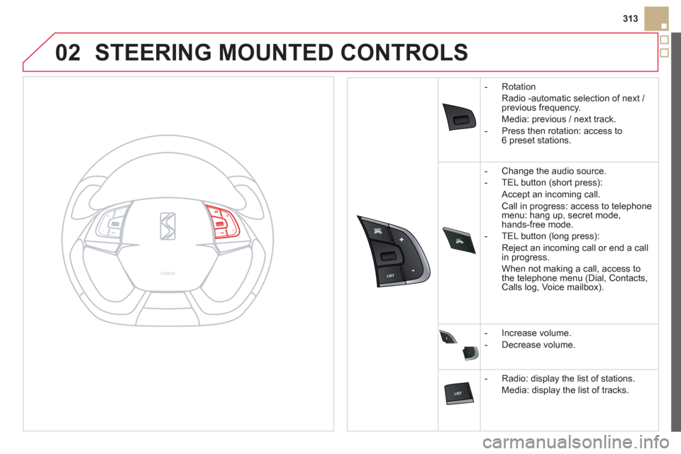 Citroen DS5 HYBRID4 2012 1.G Owners Manual 02
SRC



+
-
313
STEERING MOUNTED CONTROLS
-  Rotation
Radio -automatic selection of next 
/ previous frequency.  
Media: previous / next track.
-  
Press then 