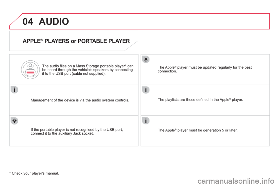 Citroen DS5 HYBRID4 2012 1.G Owners Manual 04AUDIO
   
APPLE ® 
 PLAYERS or PORTABLE PLAYER 
Management of the device is via the audio system controls.      
The audio 
ﬁ les on a Mass Storage portable player * 
 can
be heard through the ve