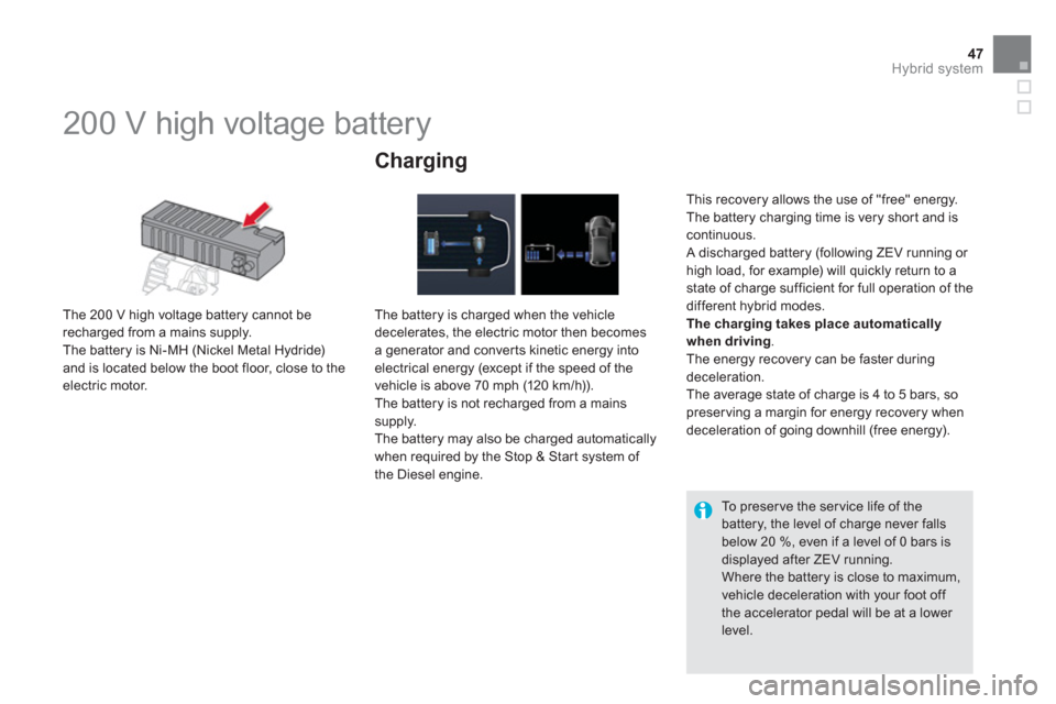 Citroen DS5 HYBRID4 2012 1.G Owners Guide 47Hybrid system
   
 
 
 
 
 
 
 
200 V high voltage battery 
 
 
The 200 V high voltage battery cannot be
recharged from a mains supply.
  The battery is Ni-MH (Nickel Metal Hydride) 
and is located 