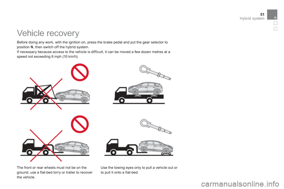 Citroen DS5 HYBRID4 2012 1.G Workshop Manual 51Hybrid system
   
 
 
 
 
 
 
 
Vehicle recovery  
 
 
Before doing any work, with the ignition on, press the brake pedal and put the gear selector toposition  N, then switch off the hybrid system.
