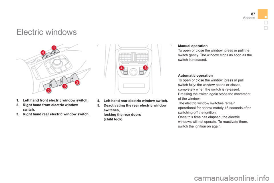 Citroen DS5 HYBRID4 2012 1.G Manual Online 87
Access
   
 
 
 
 
Electric windows 
1.Left hand front electric window switch.2.Right hand front electric window 
switch.3. Right hand rear electric window switch.
Manual operation
 To open or clos