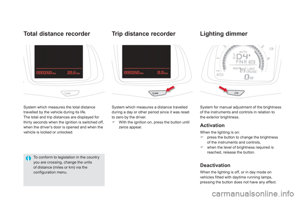 Citroen DS5 2012 1.G Service Manual  System for manual adjustment of the brightness of the instruments and controls in relation to 
the exterior brightness.
Lighting dimmer 
   
Activation 
 
When the lighting is on:
�)press the button 