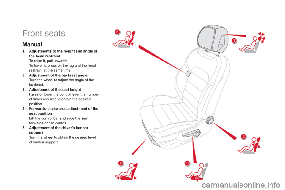 Citroen DS5 2012 1.G Repair Manual    
 
 
 
 
 
 
 
 
 
 
 
 
 
Front seats 
Manual 
1.Adjustments to the height and angleof 
the head restraintTo raise it, pull upwards.  
To lower it, press on the lug and the headrestraint at the sa