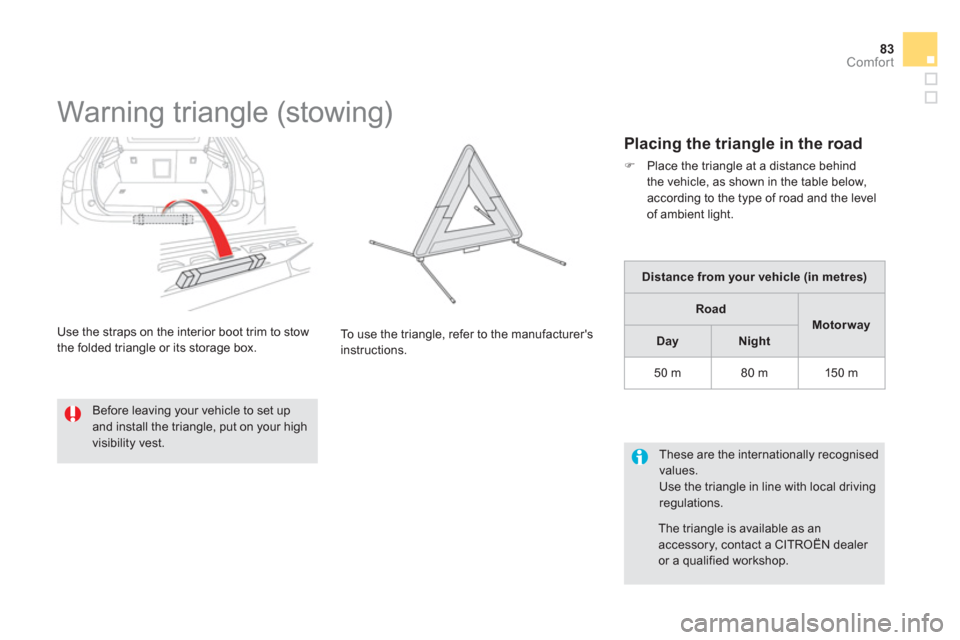 Citroen DS5 2012 1.G Owners Manual 83Comfort
   
 
 
 
 
 
 
 
 
 
 
Warning triangle (stowing) 
 
 
Before leaving your vehicle to set up and install the triangle, put on your high visibility vest.To use the trian
gle, refer to the ma