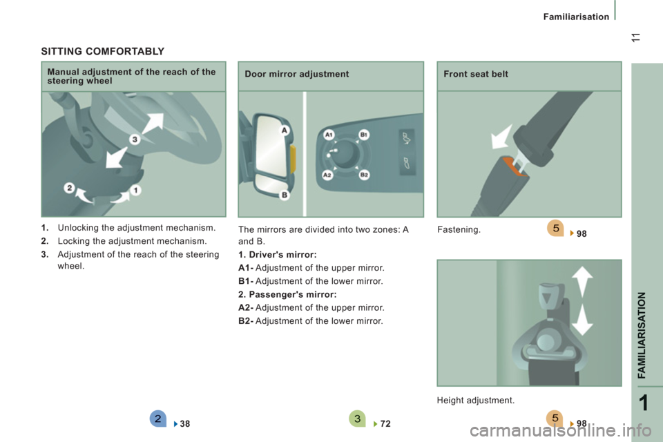 Citroen JUMPER 2012 2.G Owners Manual 523
5
1
FAMILIARISATION
 11
Familiarisation
   SITTING COMFORTABLY 
 
 
 
1. 
  Unlocking the adjustment mechanism. 
   
2. 
  Locking the adjustment mechanism. 
   
3. 
  Adjustment of the reach of t