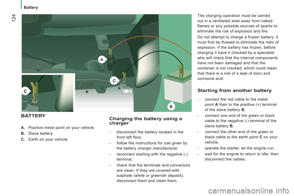 Citroen JUMPER 2012 2.G Owners Guide 124
Battery
   
 
 
A. 
  Positive metal point on your vehicle 
   
B. 
 Slave battery 
   
C. 
  Earth on your vehicle  
 
Charging the battery using a charger 
 
 
 
-   disconnect the battery locat