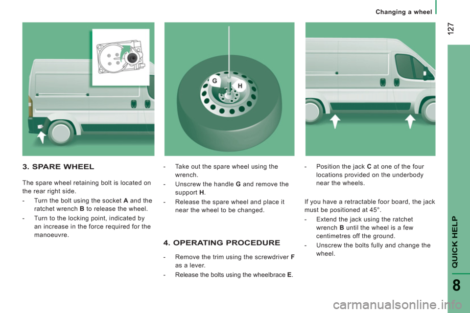 Citroen JUMPER 2012 2.G Owners Manual QUICK HEL
P
8
Changing a wheel
   
4. OPERATING PROCEDURE 
 
 
 
-   Remove the trim using the screwdriver  F 
 
as a lever. 
   
-   Release the bolts using the wheelbrace  E 
.    
-   Position the 