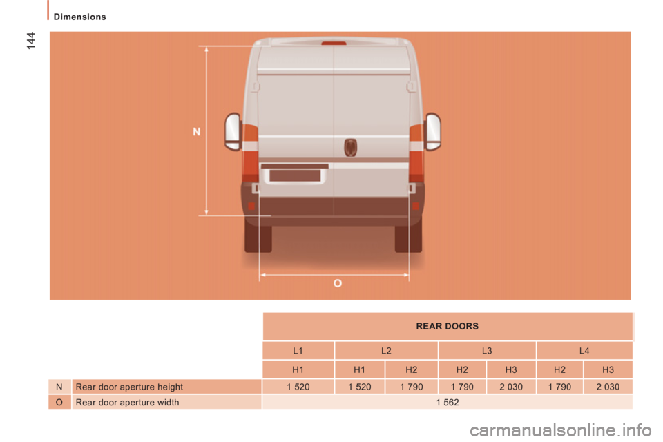 Citroen JUMPER 2012 2.G Owners Manual 144
   
Dimensions  
   
 
REAR DOORS  
 
   
L1    
L2    
L3    
L4  
   
H1    
H1    
H2    
H2    
H3    
H2    
H3  
   
N   Rear door aperture height    
1 520    
1 520    
1 790    
1 790    