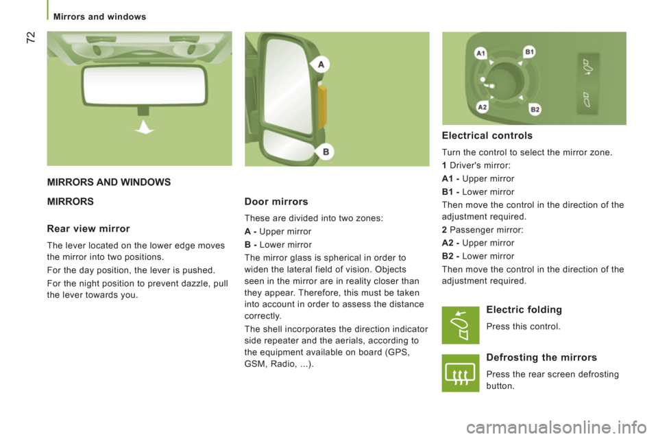 Citroen JUMPER 2012 2.G Manual PDF 72
   
 
Mirrors and windows  
 
 
MIRRORS AND WINDOWS
  MIRRORS 
Door mirrors 
 
These are divided into two zones: 
   
A - 
 Upper mirror 
   
B - 
 Lower mirror 
  The mirror glass is spherical in 