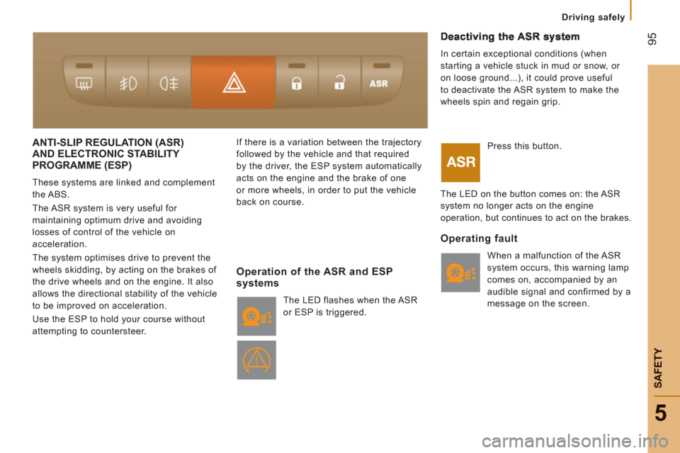 Citroen JUMPER 2012 2.G User Guide 95
5
Driving safely
SAFETY
ANTI-SLIP REGULATION (ASR) AND ELECTRONIC STABILITY 
PROGRAMME (ESP) 
  These systems are linked and complement 
the ABS. 
  The ASR system is very useful for 
maintaining o