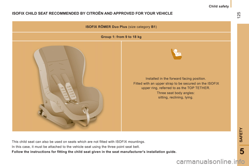 Citroen JUMPER RHD 2012 2.G Owners Manual 12
5
5
SAFETY
Child safety
ISOFIX CHILD SEAT RECOMMENDED BY CITROËN AND APPROVED FOR YOUR VEHICLE
ISOFIX
RÖMER Duo Plus
(size category B1
)
Group 1: from 9 to 18 kg Citroen JUMPER RHD 2012 2.G Owners Manual 12
5
5
SAFETY
Child safety
ISOFIX CHILD SEAT RECOMMENDED BY CITROËN AND APPROVED FOR YOUR VEHICLE
ISOFIX
RÖMER Duo Plus
(size category B1
)
Group 1: from 9 to 18 kg
