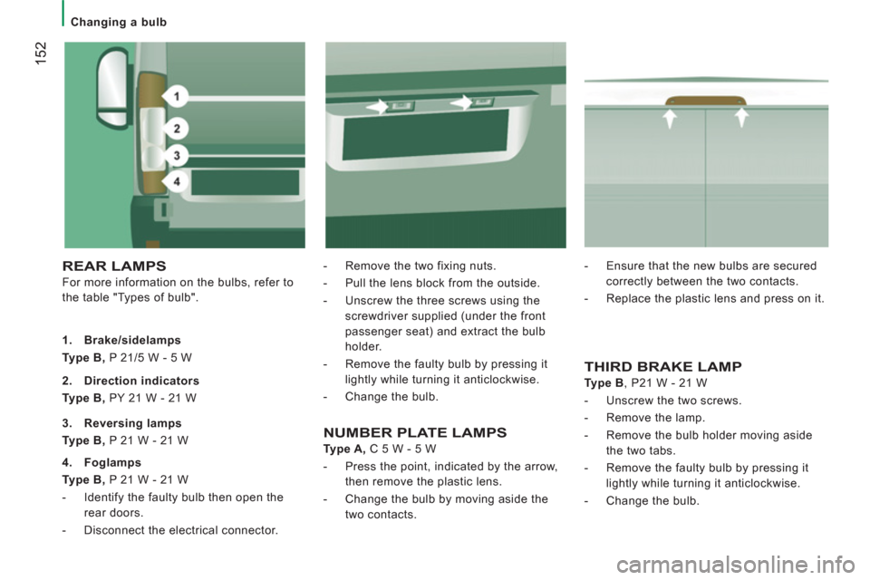 Citroen JUMPER RHD 2012 2.G Owners Manual 152
Changing a bulb
REAR LAMPS
For more information on the bulbs, refer to
the table "Types of bulb".
- Remove the two fixing nuts.
- Pull the lens block from the outside.
Citroen JUMPER RHD 2012 2.G Owners Manual 152
Changing a bulb
REAR LAMPS
For more information on the bulbs, refer to
the table "Types of bulb".
- Remove the two fixing nuts.
- Pull the lens block from the outside.