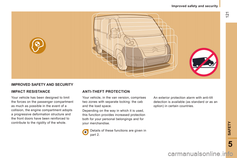 Citroen JUMPER RELAY 2012 2.G Owners Manual 12
1
5
SAFETY
   
 
Improved safety and security  
 
IMPROVED SAFETY AND SECURITY 
IMPACT RE
SISTANCE
  Your vehicle has been designed to limit 
the forces on the passenger compartment 
as much as pos