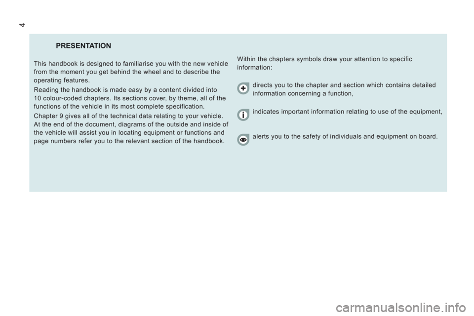 Citroen JUMPER RELAY 2012 2.G Owners Manual 4
  PRESENTATION 
 
Within the chapters symbols draw your attention to specific 
information:    This handbook is designed to familiarise you with the new vehicle 
from the moment you get behind the w