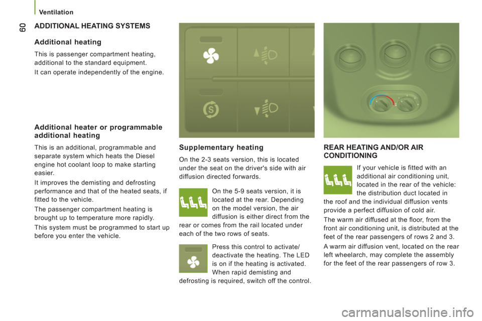 Citroen JUMPER RELAY 2012 2.G Owners Manual    
 Ventilation 
 
ADDITIONAL HEATING SYSTEMS 
Supplementar
y heating
  On the 2-3 seats version, this is located 
under the seat on the drivers side with air 
diffusion directed forwards. 
  REAR H Citroen JUMPER RELAY 2012 2.G Owners Manual    
 Ventilation 
 
ADDITIONAL HEATING SYSTEMS 
Supplementar
y heating
  On the 2-3 seats version, this is located 
under the seat on the drivers side with air 
diffusion directed forwards. 
  REAR H