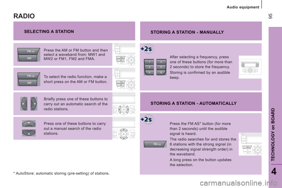 Citroen JUMPER RELAY 2012 2.G Owners Manual Audio equipment
95
4
TECHNOLOGY 
on
BOAR
D
   
SELECTING A STATION 
 
STORING A STATION - MANUALLY 
 
 
After selecting a frequency, press 
one of these buttons (for more than 
2 seconds) to store the