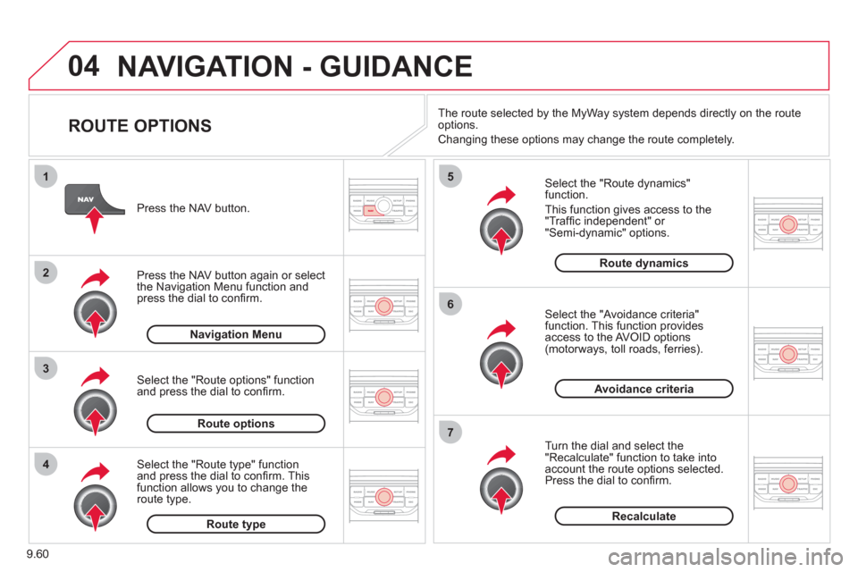 Citroen JUMPY MULTISPACE 2012 2.G Owners Manual 9.60
04
4
3
2
1
7
6
5
NAVIGATION - GUIDANCE 
   
ROUTE OPTIONS 
 
 
Select the "Route dynamics"function.
  This 
function gives access to the "Trafﬁ c independent" or "Semi-dynamic" options.
   
Sel