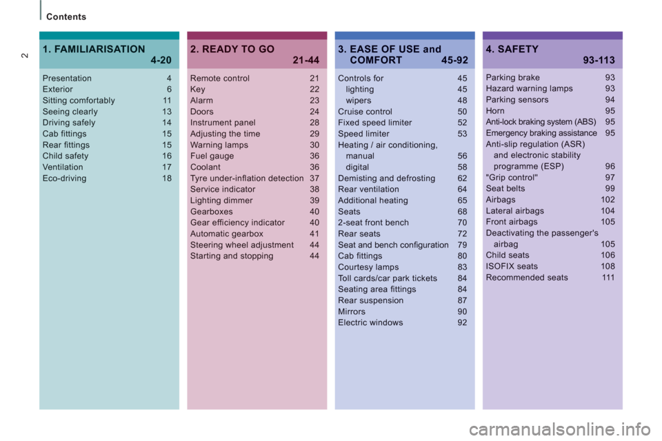 Citroen JUMPY MULTISPACE RHD 2012 2.G Owners Manual 2
   
Contents  
Remote control 21Key 22Alarm 23Doors 24Instrument panel 28Adjusting the time 29Warning lamps 30Fuel gauge 36Coolant 36Tyre under-inflation detection  37Service indicator 38Lighting di