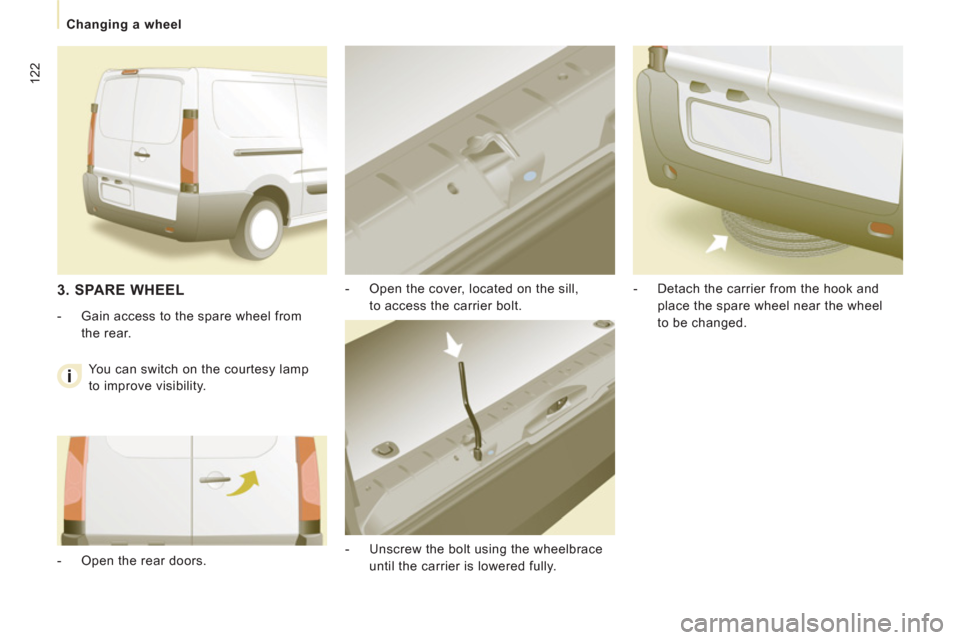 Citroen JUMPY RHD 2012 2.G Owners Guide 122
Changing a wheel
- Open the cover, located on the sill,
to access the carrier bolt.
- Unscrew the bolt using the wheelbrace
until the carrier is lowered fully.
- Detach the ca Citroen JUMPY RHD 2012 2.G Owners Guide 122
Changing a wheel
- Open the cover, located on the sill,
to access the carrier bolt.
- Unscrew the bolt using the wheelbrace
until the carrier is lowered fully.
- Detach the ca