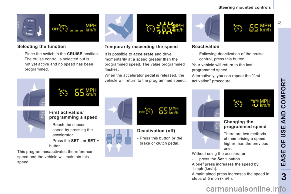 Citroen JUMPY RHD 2012 2.G Owners Manual  51
   
 
Steering mounted controls  
 
EASE OF USE AND COMFOR
T
3
 
 
Selecting the function 
 
 
 
-   Place the switch in the  CRUISE 
 position. 
The cruise control is selected but is 
not yet act