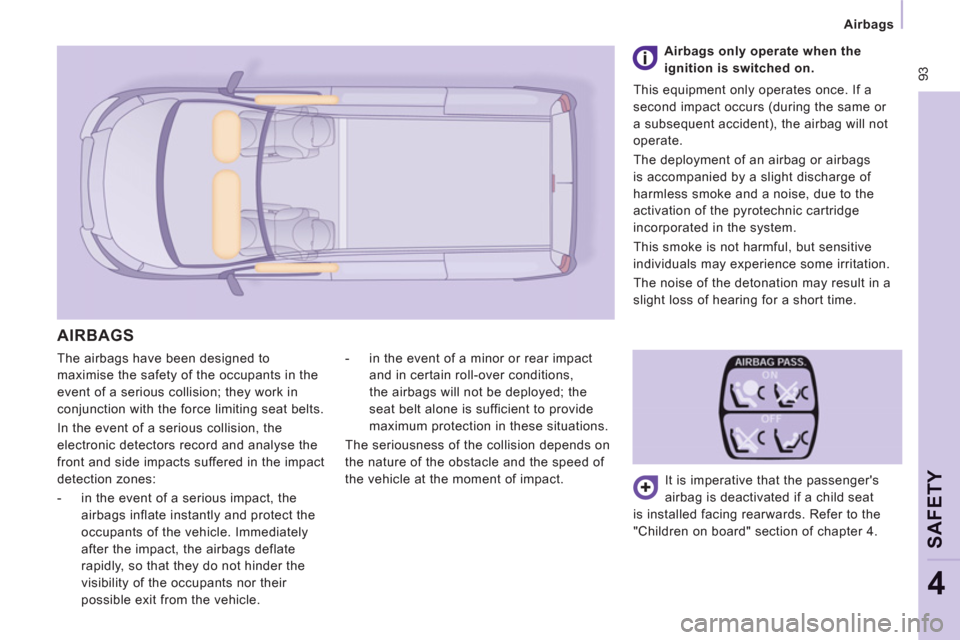 Citroen JUMPY RHD 2012 2.G Owners Manual  93
   
 
Airbags  
 
SAFETY
4
 
The airbags have been designed to 
maximise the safety of the occupants in the 
event of a serious collision; they work in 
conjunction with the force limiting seat be