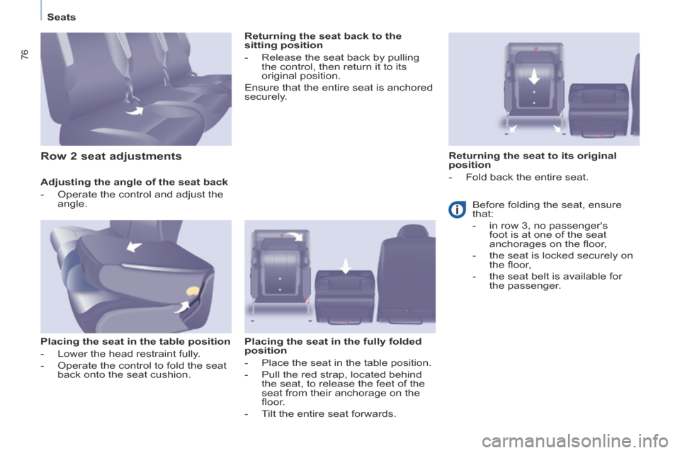 Citroen BERLINGO MULTISPACE RHD 2013.5 2.G Owners Manual    Seats   
76
  Adjusting the angle of the seat back 
   -   Operate the control and adjust the angle.   
  Placing the seat in the table position 
   -   Lower  the  head  restraint  fully. 
  -   O