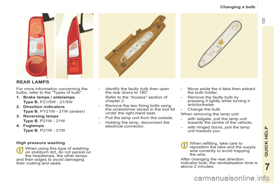 Citroen BERLINGO 2013.5 2.G Owners Manual Changing a bulb
125
QUICK HELP
7
For more information concerning the
bulbs, refer to the "Types of bulb".
1. Brake lamps / sidelamps
Type B , P21/5W - 21/5W
2. Directi Citroen BERLINGO 2013.5 2.G Owners Manual Changing a bulb
125
QUICK HELP
7
For more information concerning the
bulbs, refer to the "Types of bulb".
1. Brake lamps / sidelamps
Type B , P21/5W - 21/5W
2. Directi