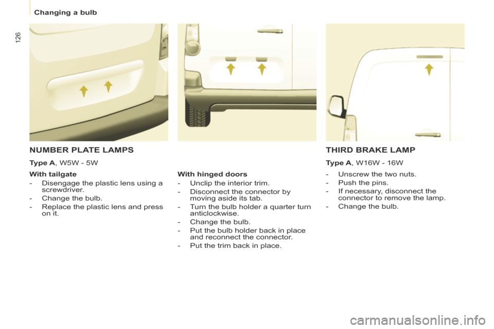 Citroen BERLINGO 2013.5 2.G Owners Manual Changing a bulb
126
NUMBER PLATE LAMPS
- Unscrew the two nuts.
- Push the pins.
- If necessary, disconnect the connector to remove the lamp.
- Change the bulb. Citroen BERLINGO 2013.5 2.G Owners Manual Changing a bulb
126
NUMBER PLATE LAMPS
- Unscrew the two nuts.
- Push the pins.
- If necessary, disconnect the connector to remove the lamp.
- Change the bulb.