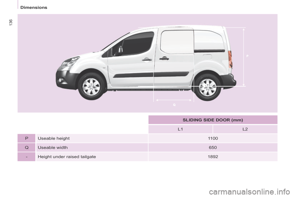 Citroen BERLINGO 2013.5 2.G Owners Manual 136
   Dimensions   
       SLIDING SIDE DOOR (mm)   
  L1     L2  
  P     Useable  height     1100  
  Q     Useable  width     650  
  -     Height  under  raised  tailgate     1892   