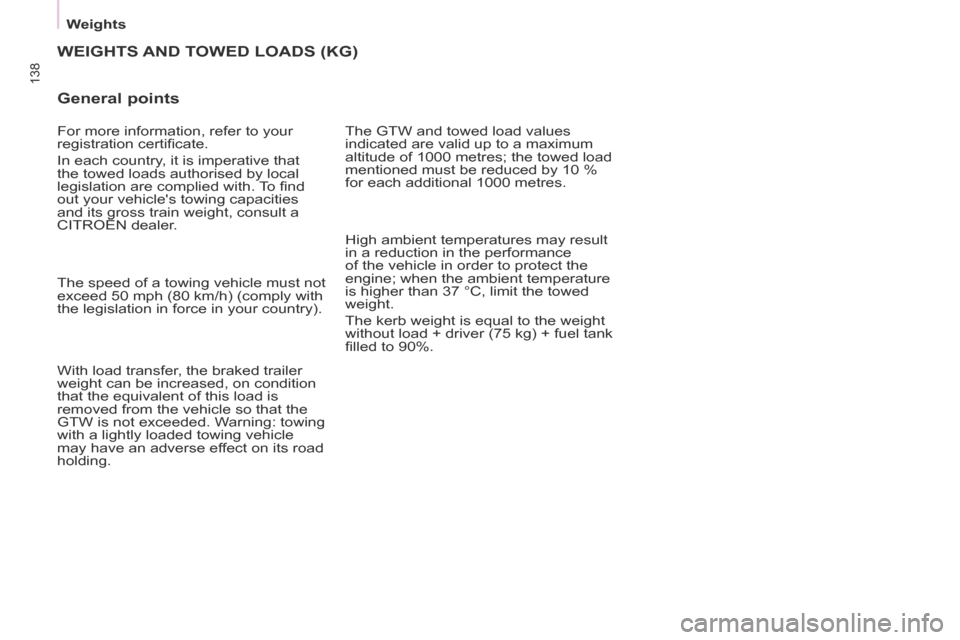 Citroen BERLINGO 2013.5 2.G Owners Manual Weights
138
WEIGHTS AND TOWED LOADS (KG)
General points
The GTW and towed load values
indicated are valid up to a maximum
altitude of 1000 metres; the towed load
mentioned must be reduce Citroen BERLINGO 2013.5 2.G Owners Manual Weights
138
WEIGHTS AND TOWED LOADS (KG)
General points
The GTW and towed load values
indicated are valid up to a maximum
altitude of 1000 metres; the towed load
mentioned must be reduce