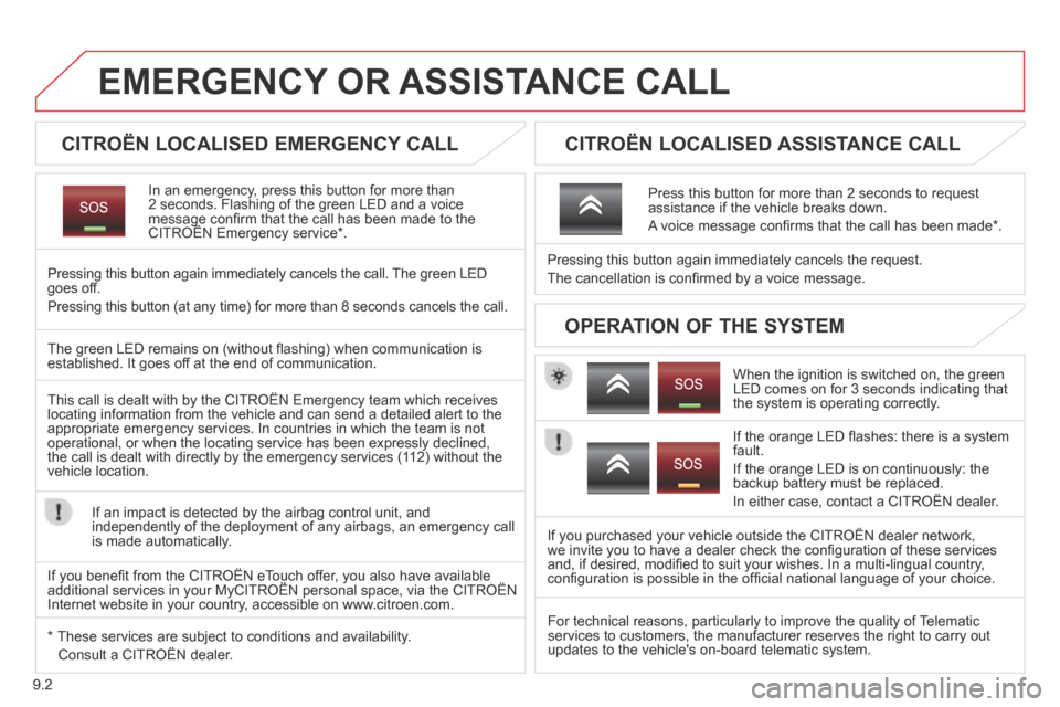 Citroen BERLINGO 2013.5 2.G Owners Manual 9.2
EMERGENCY OR ASSISTANCE CALL
CITROËN LOCALISED EMERGENCY CALL
In an emergency, press this button for more than 2 seconds. Flashing of the green LED and a voice message confi rm Citroen BERLINGO 2013.5 2.G Owners Manual 9.2
EMERGENCY OR ASSISTANCE CALL
CITROËN LOCALISED EMERGENCY CALL
In an emergency, press this button for more than 2 seconds. Flashing of the green LED and a voice message confi rm