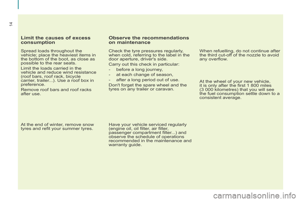 Citroen BERLINGO 2013.5 2.G Owners Manual 14
  Limit the causes of excess 
consumption 
  Spread loads throughout the 
vehicle; place the heaviest items in 
the bottom of the boot, as close as 
possible to the rear seats. 
 Limit the loads ca