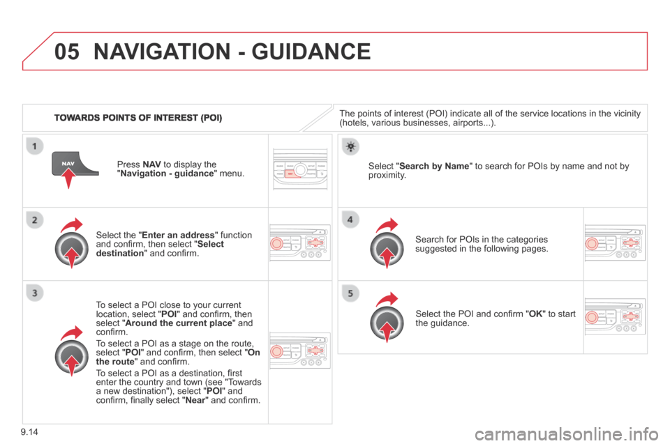 Citroen BERLINGO 2013.5 2.G Owners Manual 9.14
05
TOWARDS POINTS OF INTEREST (POI)
NAVIGATION - GUIDANCE
The points of interest (POI) indicate all of the service locations in \
the vicinity (hotels, various businesses, airports...).
Citroen BERLINGO 2013.5 2.G Owners Manual 9.14
05
TOWARDS POINTS OF INTEREST (POI)
NAVIGATION - GUIDANCE
The points of interest (POI) indicate all of the service locations in \
the vicinity (hotels, various businesses, airports...).